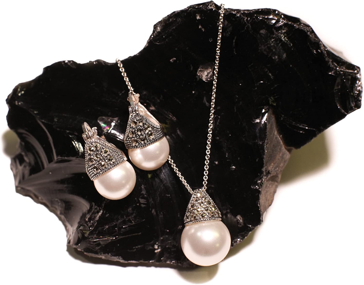 925 Sterling Silver Marcasite with Pearl 14mm Pendant, Earrings Set, Sterling Silver Chain Necklace Jewelry Set