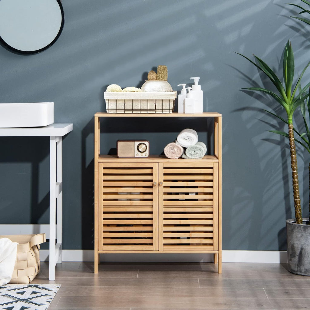 LDAILY LUARANE Storage Cabinet, Bamboo Cabinet w/ 2 Louvered Doors & Open Shelf, Bathroom Storage Cabinet for Living Room, Home Office, Kitchen, Natural