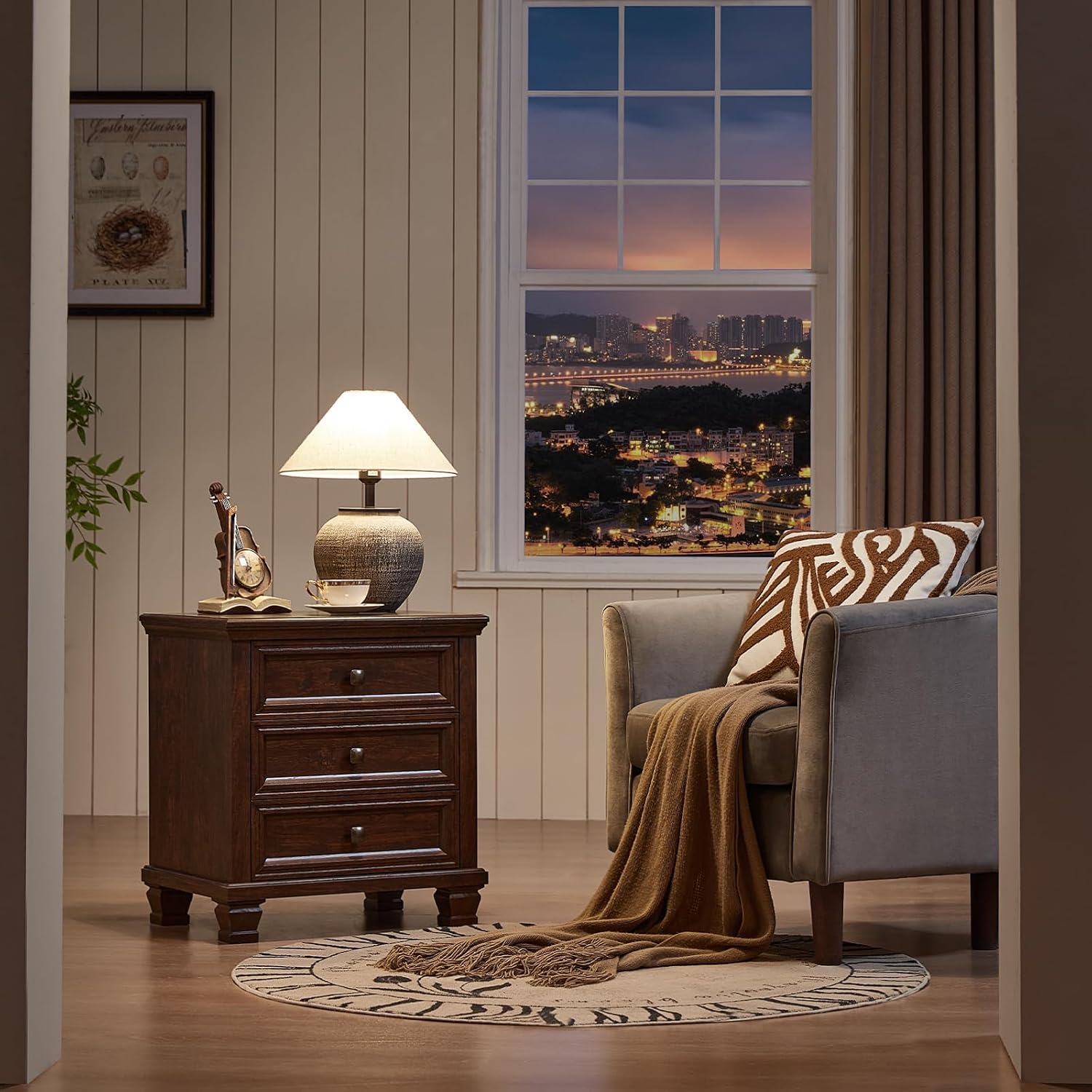 SAVOR LIFE Farmhouse Nightstand with 3 Drawers, Rustic Couch End Table with 4 Square Solid Wood Legs, Mid-Century Modern Bed Side Table with Storage, Small Dresser for Bedroom, Living Room, Walnut