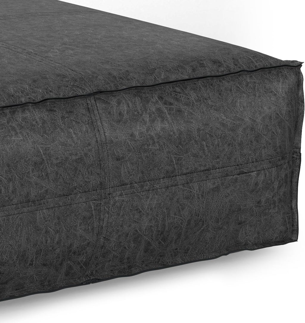 SIMPLIHOME Brody Extra Large Coffee Table Pouf - 36 inch Wide Upholstered Vegan Leather Square Ottoman in Distressed Black, Boho Footstool, Coffee Table or Extra Seating for Living Room, Assembled
