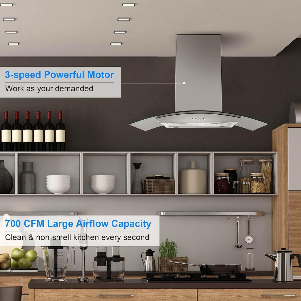JOEAONZ Island Range Hood 36 inch 700 CFM, Ceiling Mount Kitchen Vent Hood Ducted/Ductless Convertible, 4 LED Lights 5-Layer Filters Extractor Stove Exhaust Fan, Curved Tempered Glass Stainless Steel