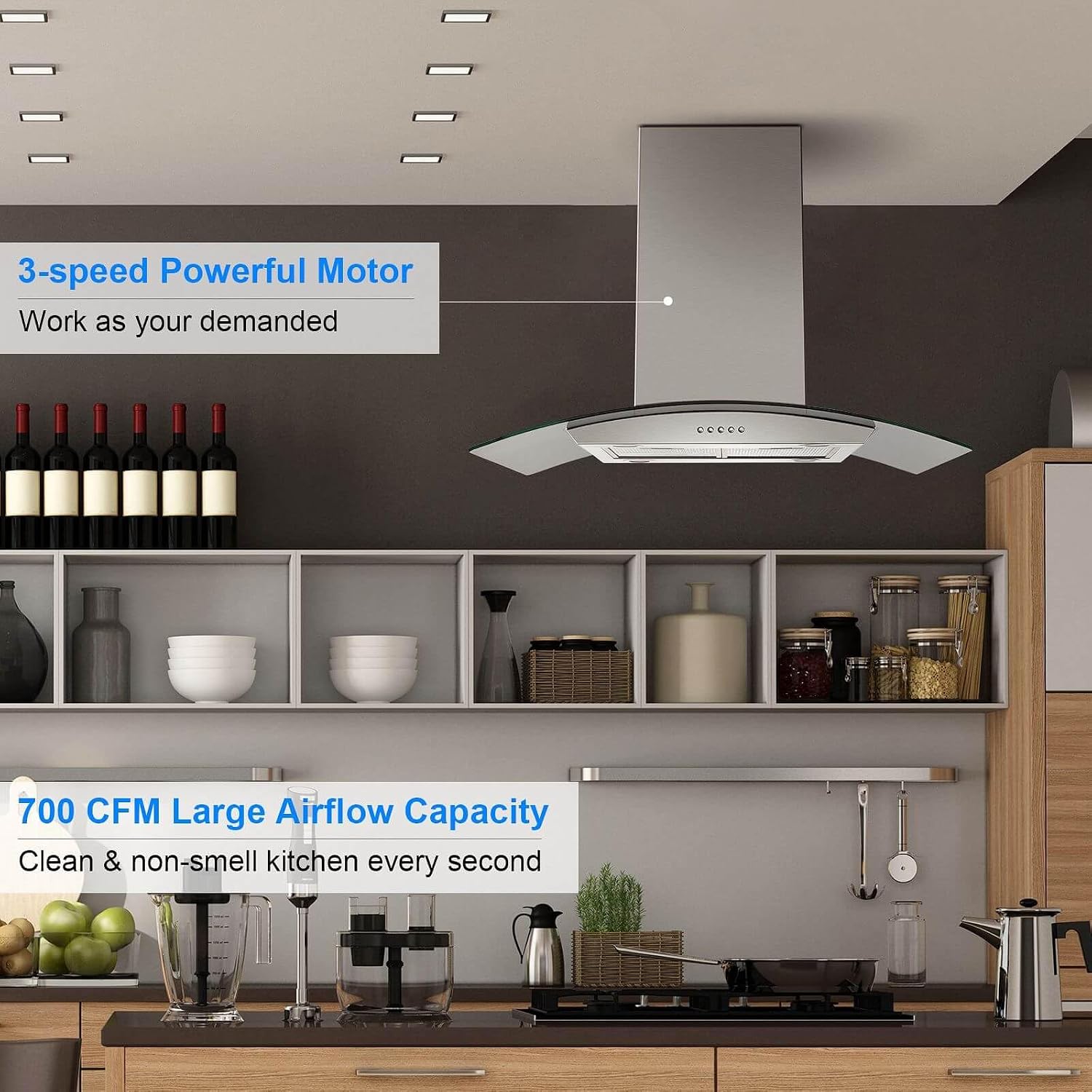 JOEAONZ Island Range Hood 36 inch 700 CFM, Ceiling Mount Kitchen Vent Hood Ducted/Ductless Convertible, 4 LED Lights 5-Layer Filters Extractor Stove Exhaust Fan, Curved Tempered Glass Stainless Steel