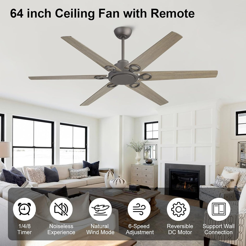 WINGBO Ceiling Fan no Light - 64 inch Ceiling Fan with Remote Control,6 Blades Modern Ceiling Fan, 6-Speed Noiseless Timer Powerful DC Motor, ETL Listed, Indoor/Outdoor,Charcoal gray +Light gray