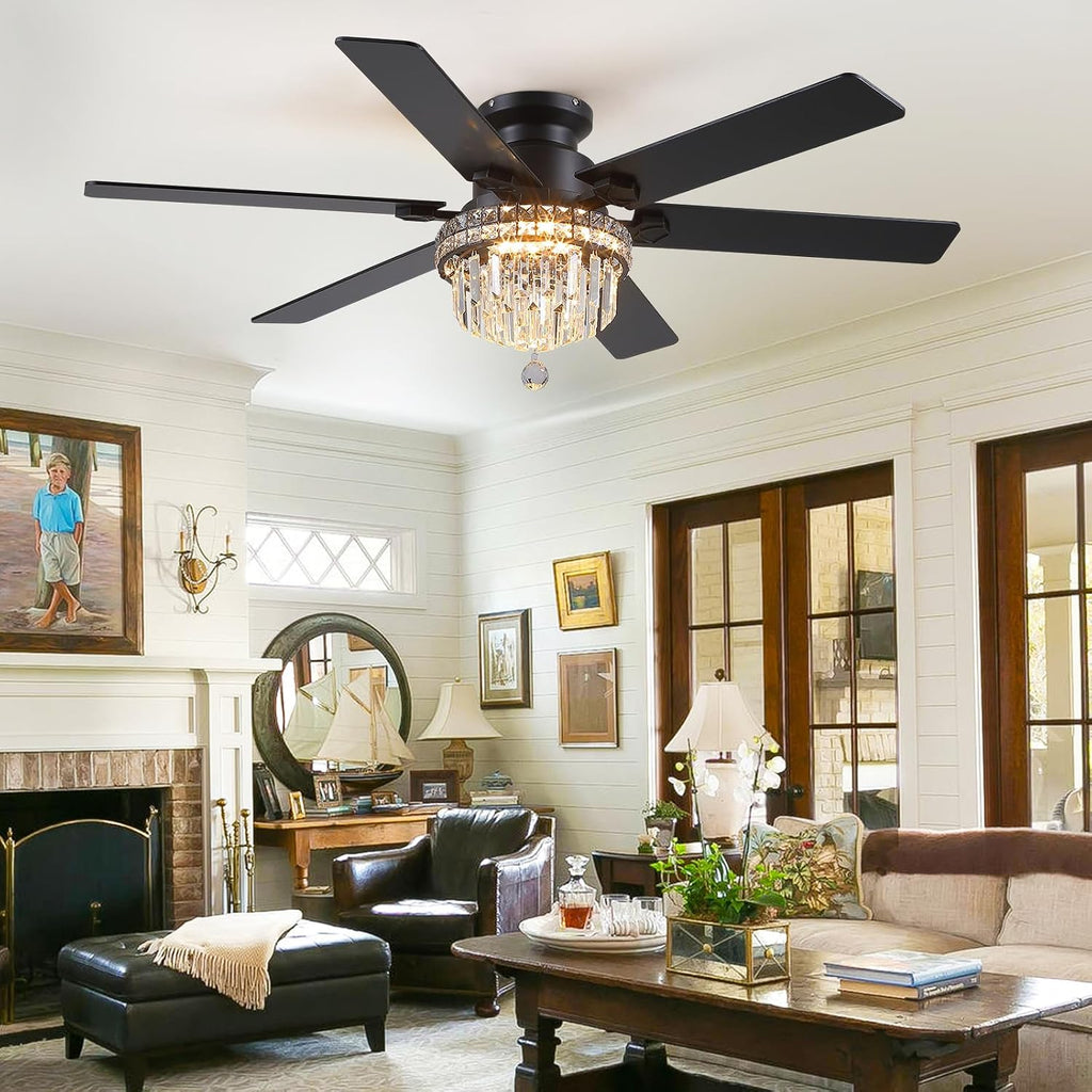 Asyko Crystal Ceiling Fan Fandelier with Lights - 52' Outdoor Fans with Remote Control，Crystal Ceiling Fans Noiseless DC Motor, Retro/Farmhouse Lighting, Dining Room,Living Room
