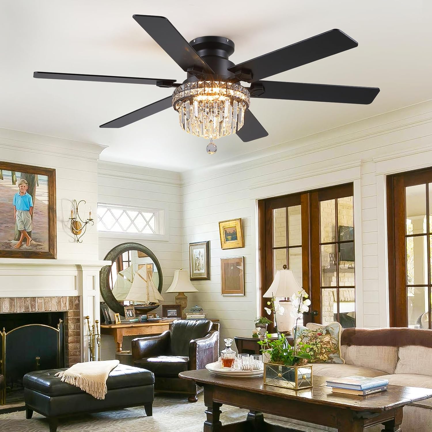 Asyko Crystal Ceiling Fan Fandelier with Lights - 52' Outdoor Fans with Remote Control，Crystal Ceiling Fans Noiseless DC Motor, Retro/Farmhouse Lighting, Dining Room,Living Room