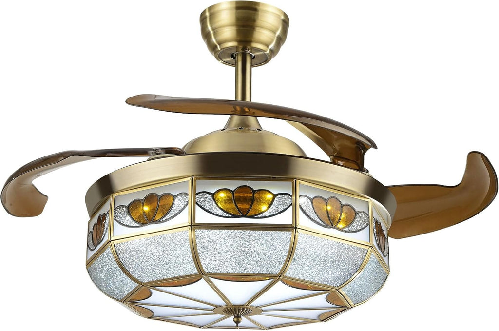 36' Vintage Retractable Ceiling Fan Light, Chandelier Fan with controller 3-Color Lighting 6-Speed Copper Glass Lampshade & Reverse Function for Bedroom Living Room (Bronze)