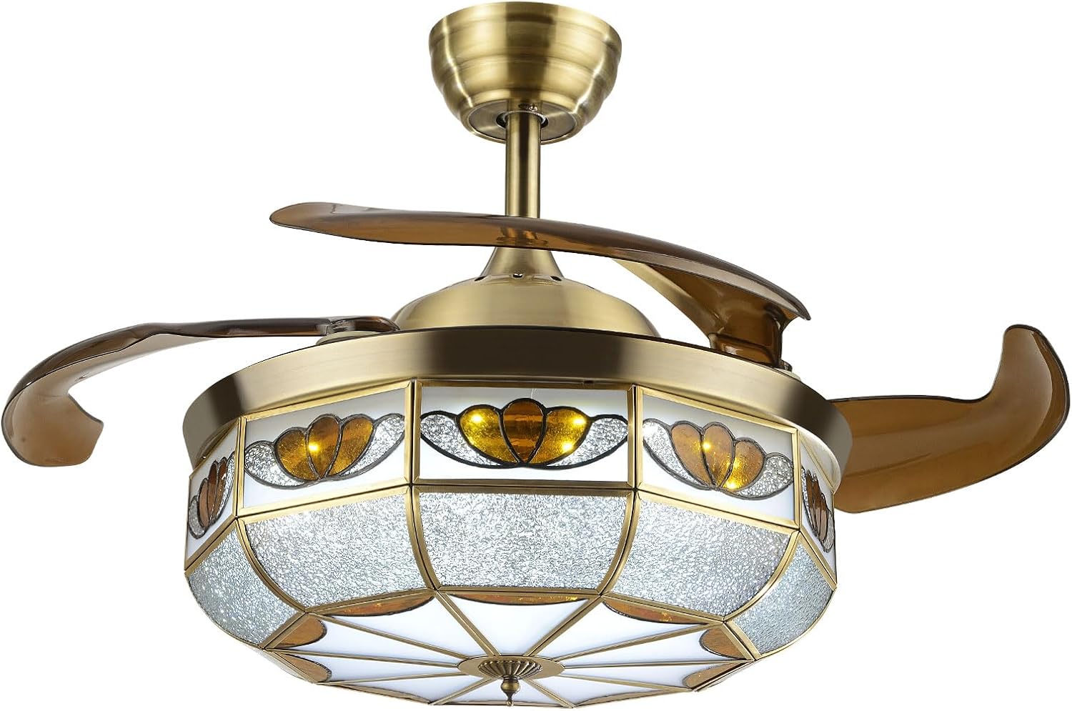 36' Vintage Retractable Ceiling Fan Light, Chandelier Fan with controller 3-Color Lighting 6-Speed Copper Glass Lampshade & Reverse Function for Bedroom Living Room (Bronze)