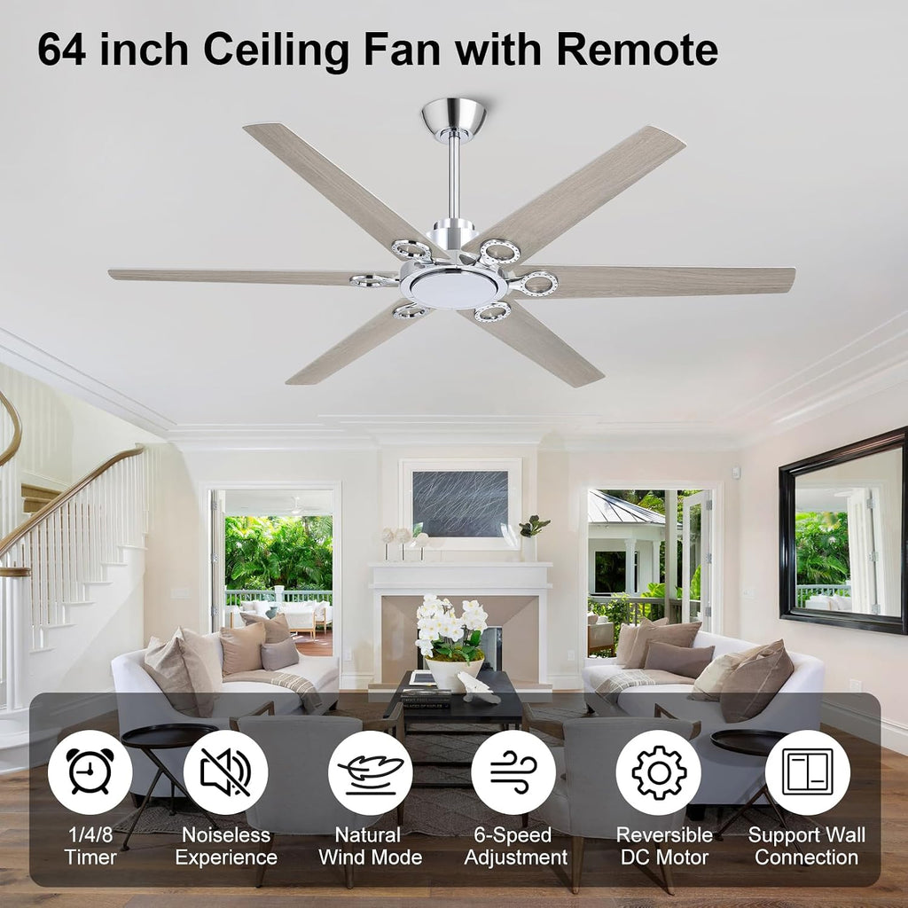 WINGBO Ceiling Fan no Light - 64 inch Ceiling Fan with Remote Control,6 Blades Modern Ceiling Fan, 6-Speed Noiseless Timer Powerful DC Motor, ETL Listed, Indoor/Outdoor, Chromium + Grey