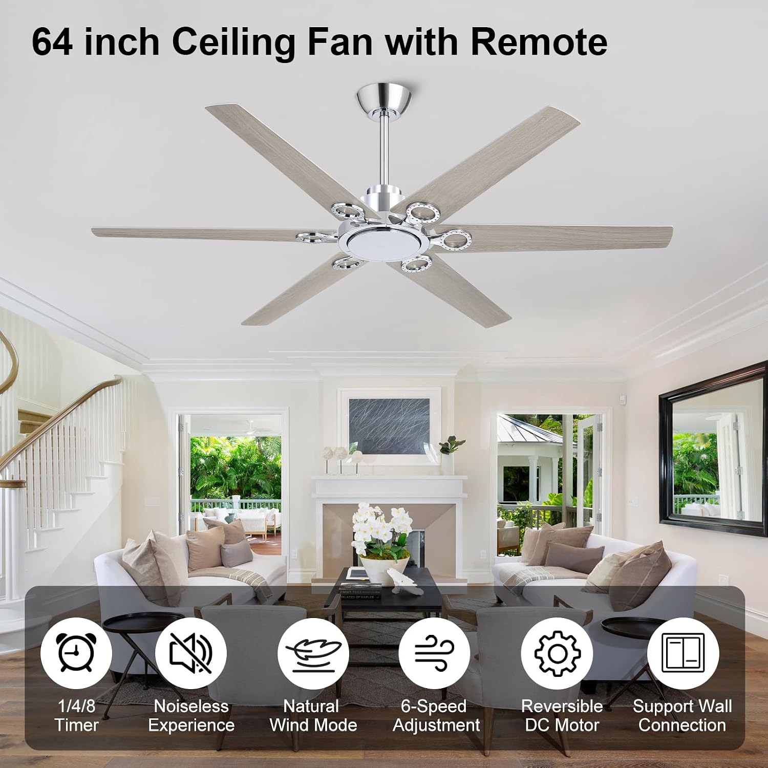 WINGBO Ceiling Fan no Light - 64 inch Ceiling Fan with Remote Control,6 Blades Modern Ceiling Fan, 6-Speed Noiseless Timer Powerful DC Motor, ETL Listed, Indoor/Outdoor, Chromium + Grey