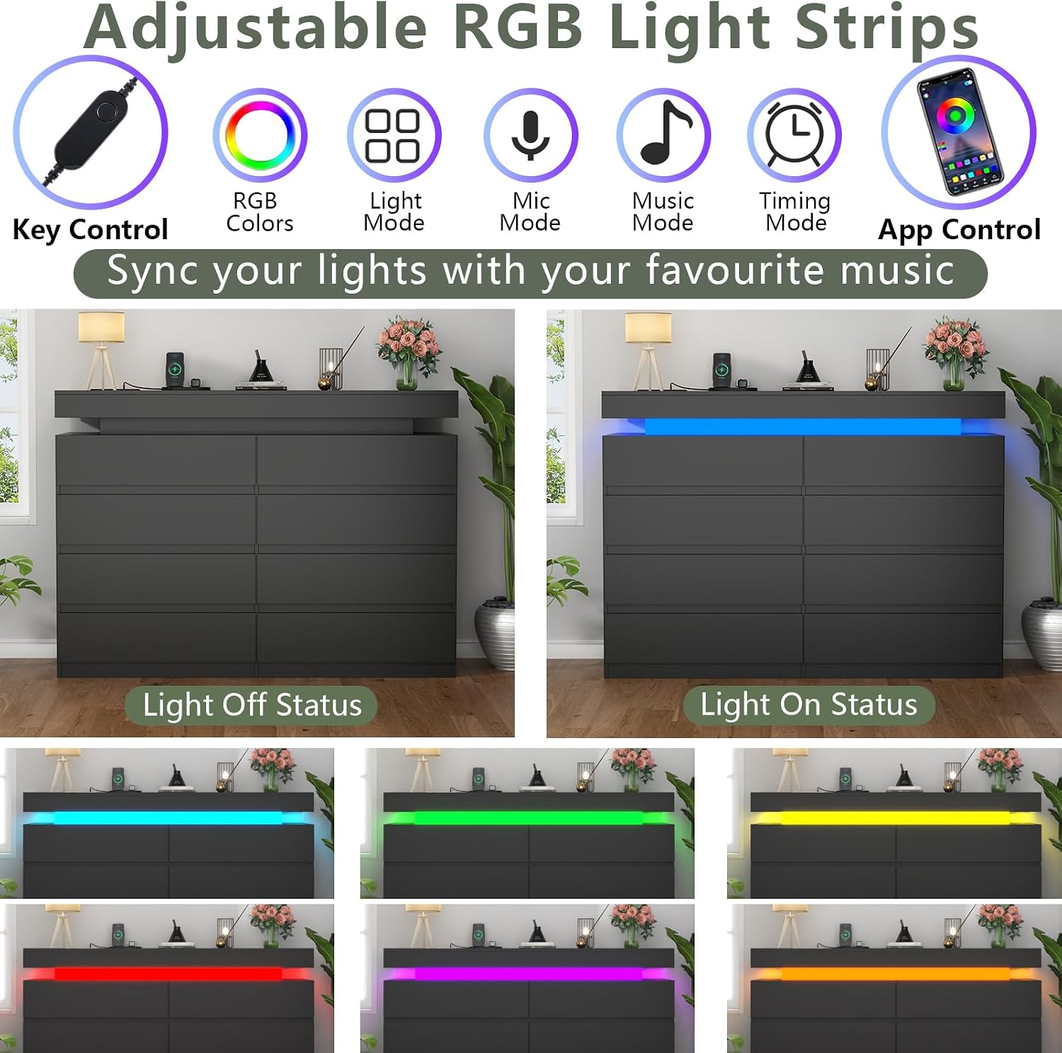 Gyfimoie 8 Drawer Dresser with Power Outlet, Dresser with LED Light, Modern Chest of Drawers for Closet, Double Wide Drawer Organizer Cabinet for Bedroom, Living Room (Black, 8 Drawers)