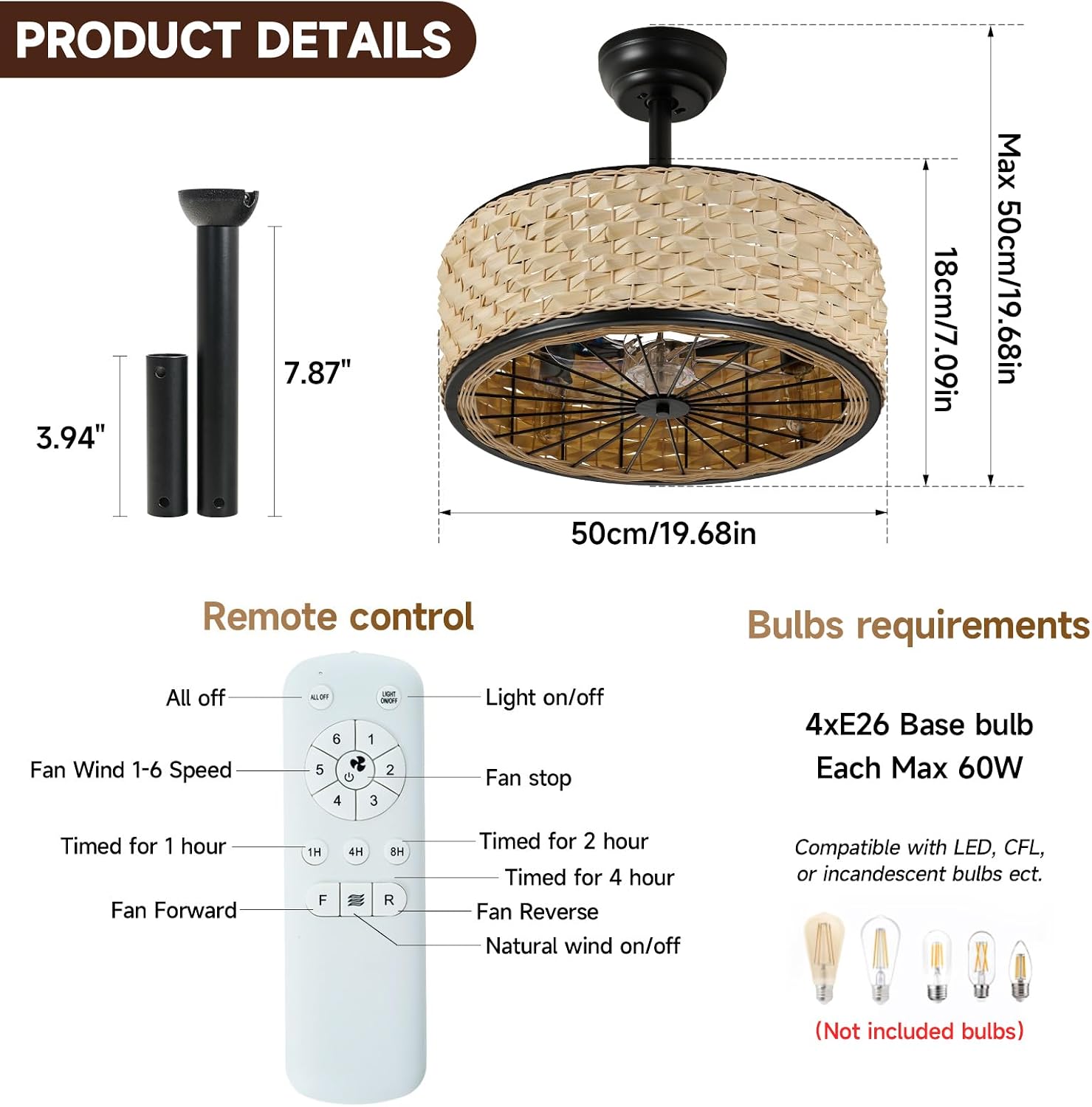 19.7in Boho Ceiling Fan with Lights Bamboo Caged Fan Lighting Rattan Fandelier Wicker Ceiling Light with Fans for Bedroom Kitchen Island Nursery Dining Living Room, Remote 6 Speeds E26 Base