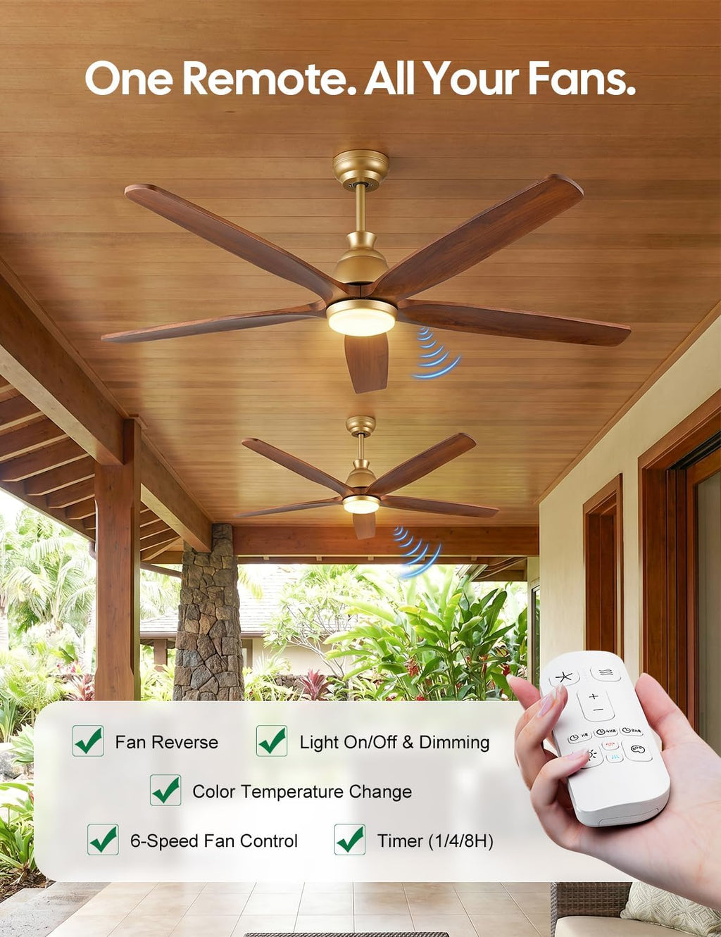60 Inch Outdoor Ceiling Fan with Lights, Gold Brass Finish, 5 Solid Walnut Wood Blades, High CFM Quiet DC Motor, Modern Farmhouse Ceiling Fans, DampRated for Covered Patio Porch Gazebo Indoor Exterior