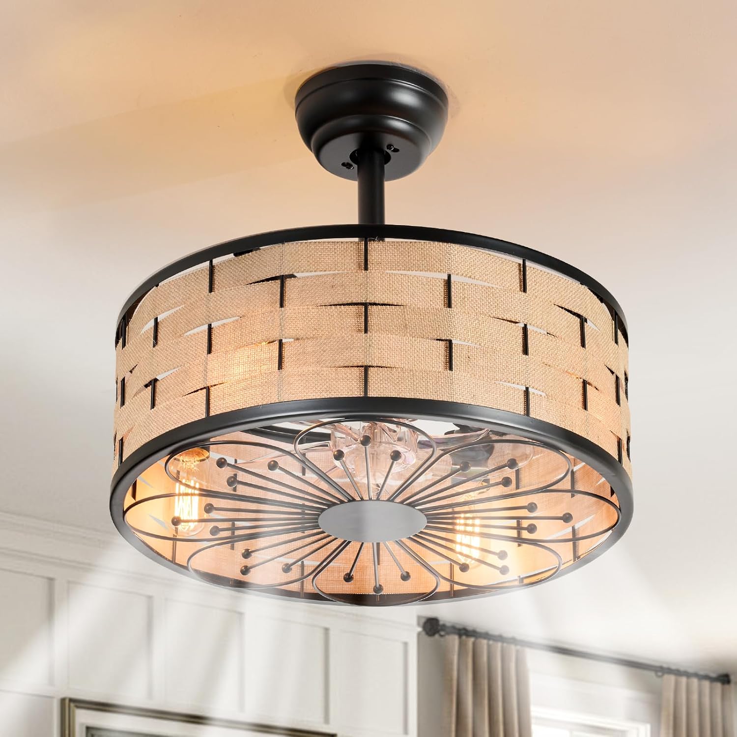 18.9in Boho Fandelier Ceiling Fan with Lights Wicker Chandelier Fan Rattan Caged Ceiling Light with Fans for Kitchen Island Bedroom Dining Room, Remote Control Reversible 6 Speeds E26 Base