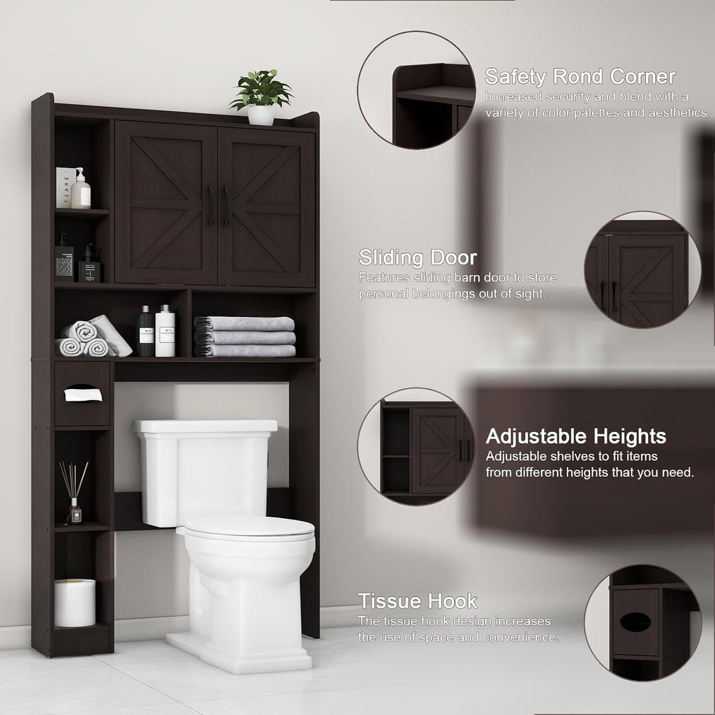 Vabches Over The Toilet Storage Cabinet, Farmhouse Storage Cabinet Over Toilet with 2 Barn Door & Toilet Paper Holder Stand，Home Space-Saving Toilet Rack, for Bathroom, Restroom, Laundry