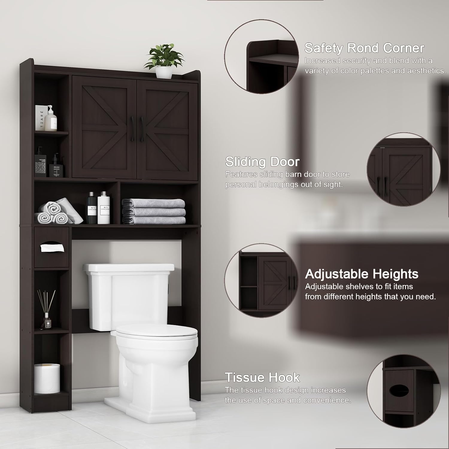 Vabches Over The Toilet Storage Cabinet, Farmhouse Storage Cabinet Over Toilet with 2 Barn Door & Toilet Paper Holder Stand，Home Space-Saving Toilet Rack, for Bathroom, Restroom, Laundry