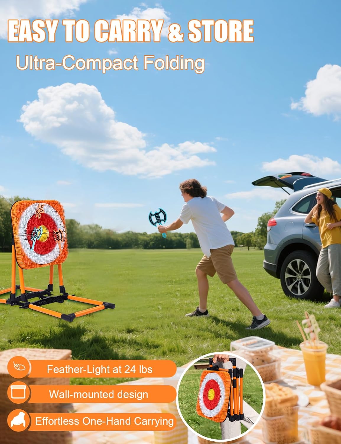 Axe Throwing Game for Backyard - 8 Throwing Axe & 8 Throwing Stars,24' Target,Yard & Outdoor Games for Adults and Family (Orange)