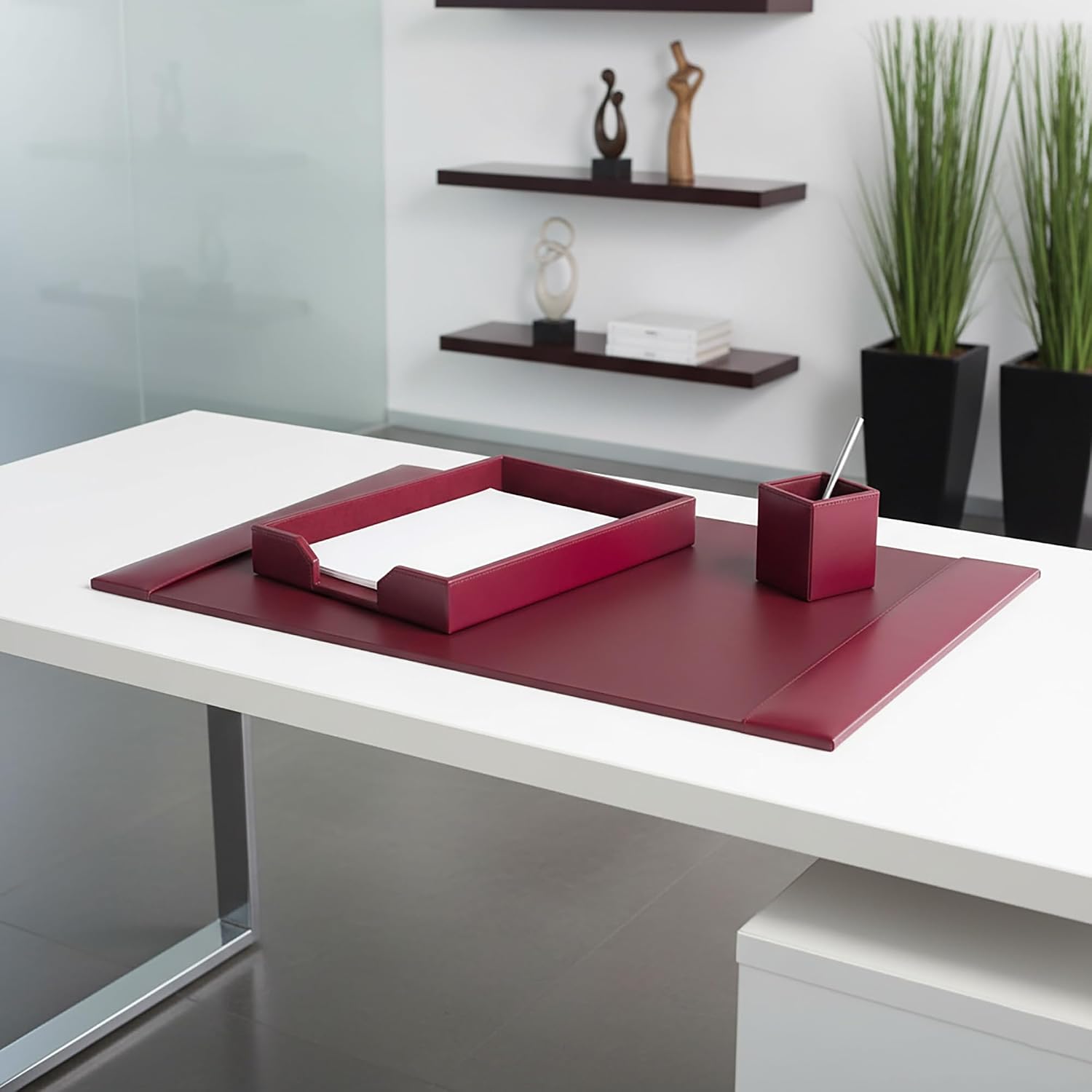 DACASSO Bonded Leather Desk Set - Luxury Leather Desk Pad & Desk Organization Essentials (Burgundy, 3 Piece)
