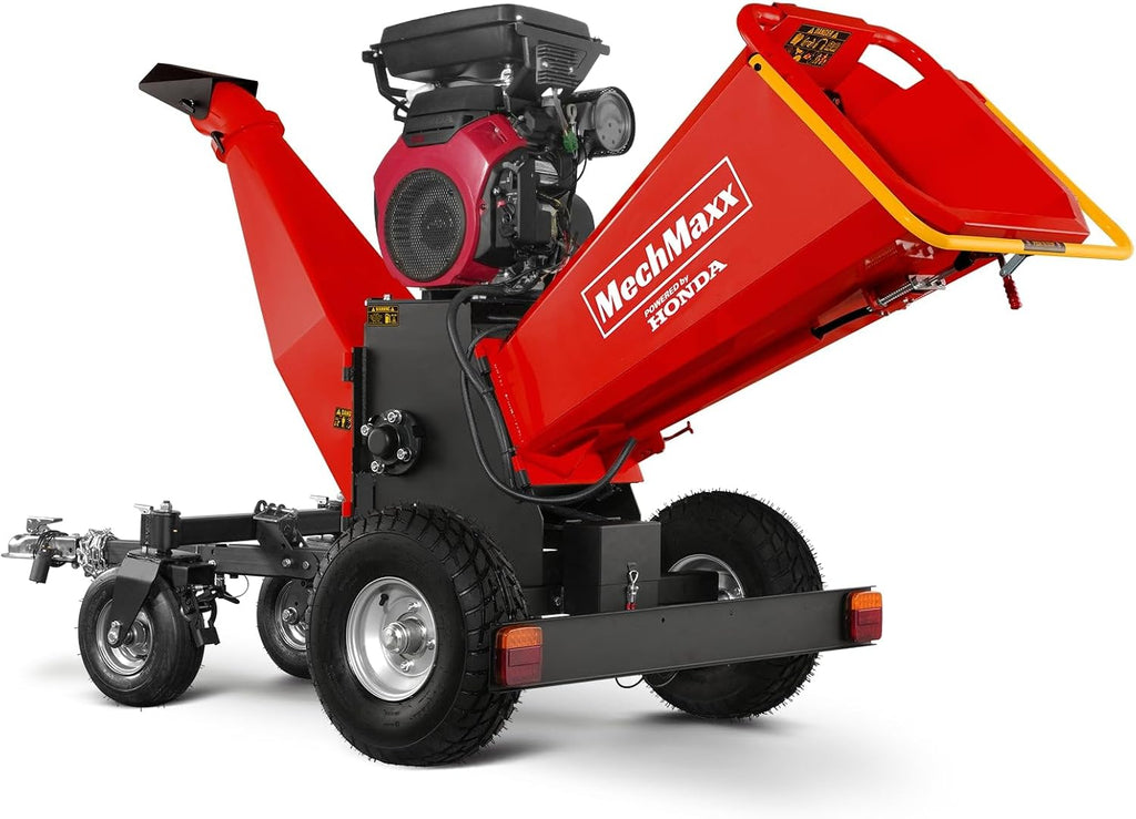 MechMaxx 8'' inch Honda 688cc 22HP Electric Start Gasoline Powered Engine 4-Wheels Towable Wood Chipper Shredder Mulcher with Towbar/Tail Light/Emergency Stop Switch, Model B200