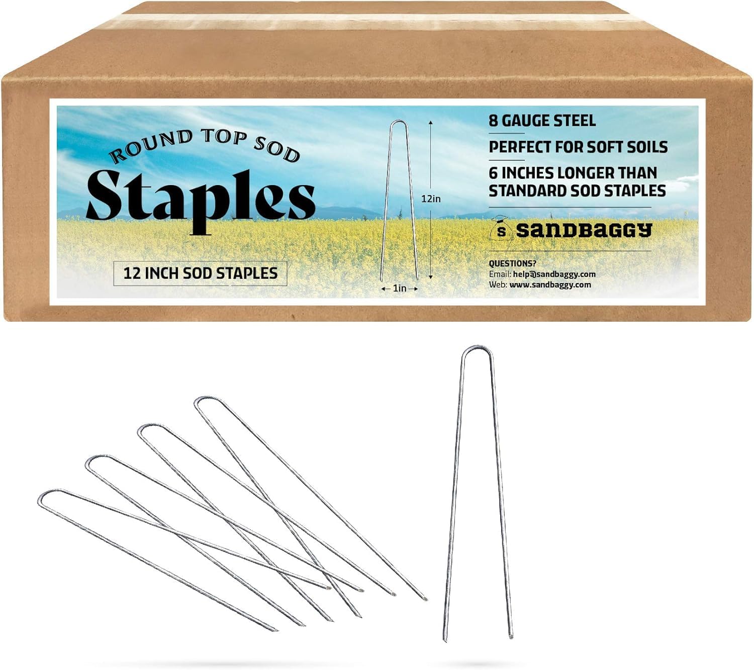 Sandbaggy 12-inch 8-Gauge Round Top Landscape Staples~SOD Garden Stakes Weed Barrier Pins (500 Staples)