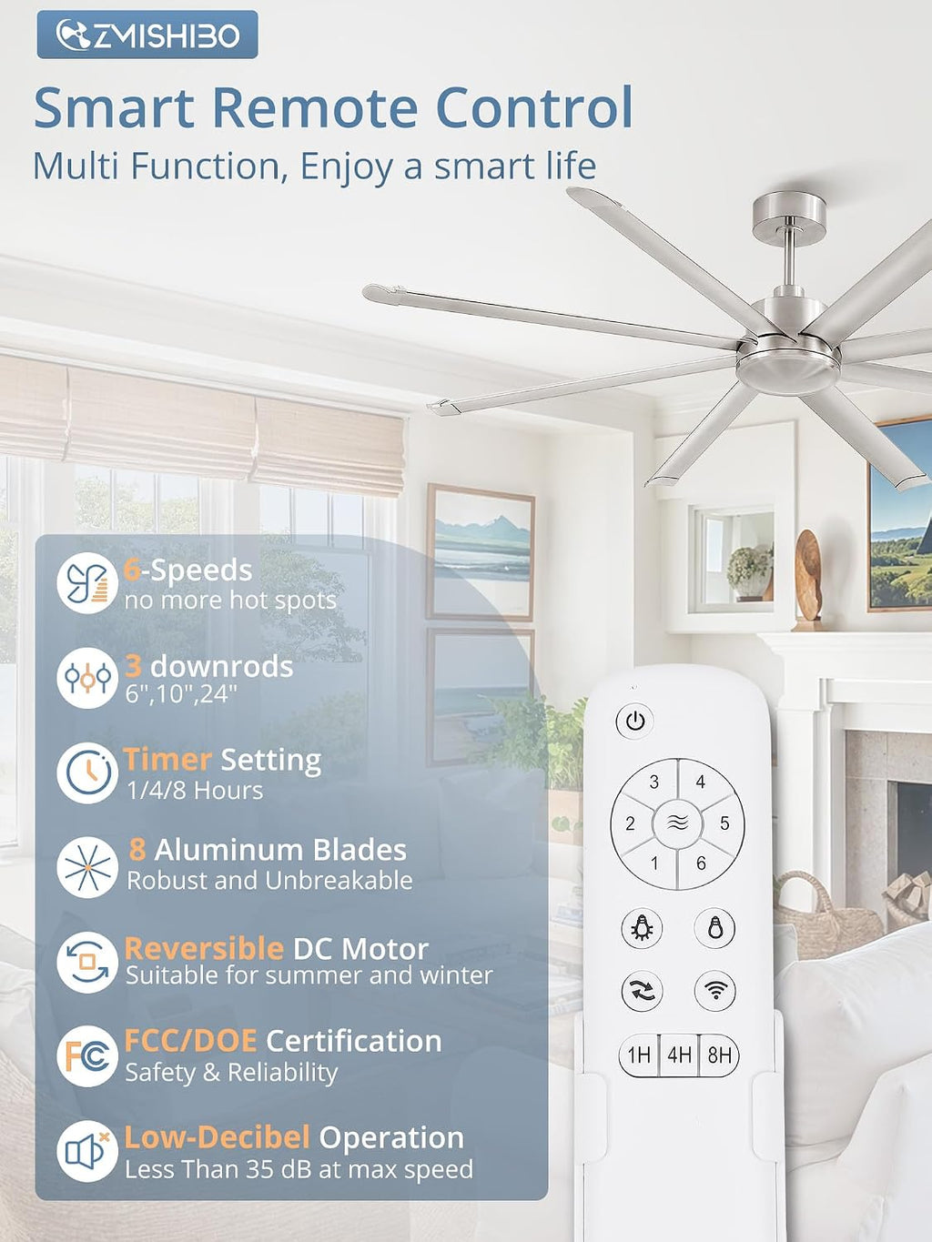 ZMISHIBO 84' Large Industrial Ceiling Fans No light with Aluminum 8 Blades, Commercial Ceiling Fan without Light, Quiet DC Motor, 6 Speeds, Indoor Outdoor Ceiling Fan for Patio, Garage, Shop,Nickel