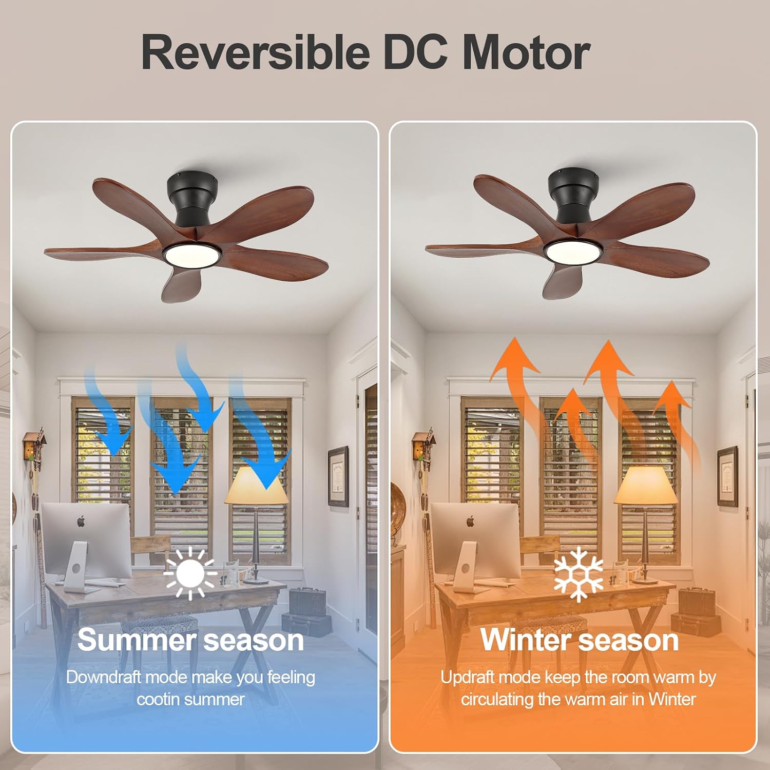 36 Inch Wood Flush Mount Ceiling Fans with Lights and Remote, Dimmable 5 Blade Wood Bedroom Ceiling Fan Outdoor Ceiling Fans for Patios Low Profile Ceiling Fan with Light for Bedroom Indoor
