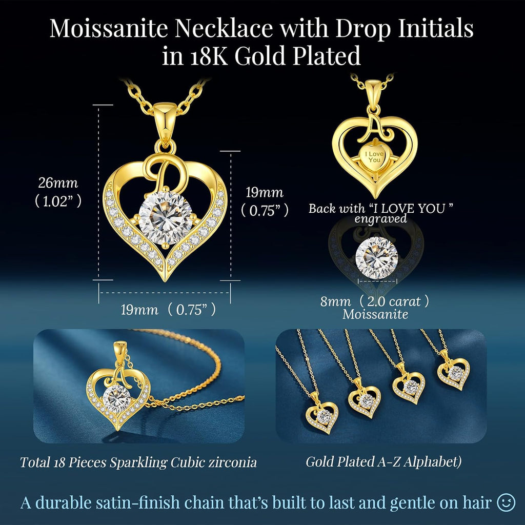 CDE 18K Gold Plated Initial Love Heart 2 Carat Moissanite Necklaces for Women 925 Sterling Silver Jewelry Christmas Anniversary Birthday Present Gifts for Wife Lady Girlfriend Her