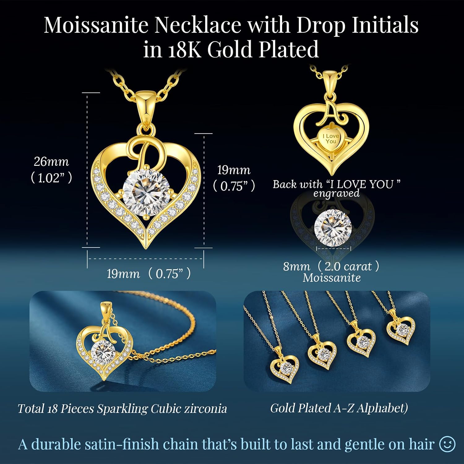 CDE 18K Gold Plated Initial Love Heart 2 Carat Moissanite Necklaces for Women 925 Sterling Silver Jewelry Christmas Anniversary Birthday Present Gifts for Wife Lady Girlfriend Her