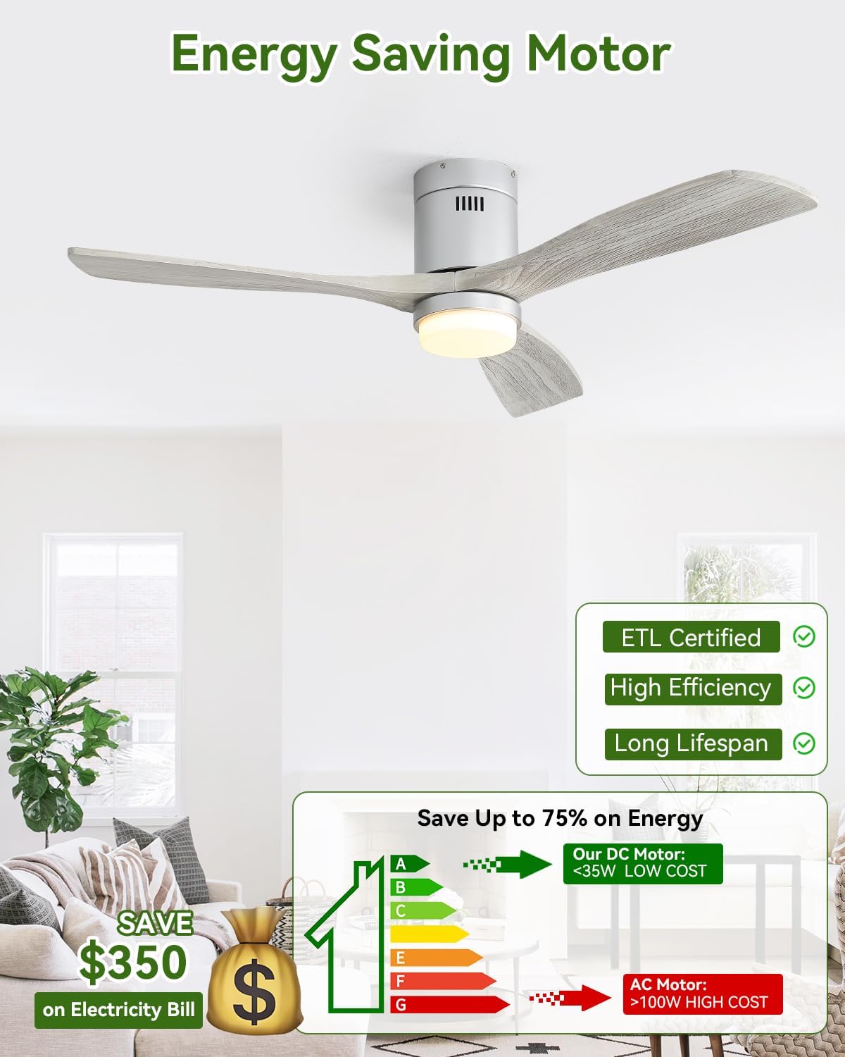 Sofucor 52' Solid Wood Low Profile Ceiling Fan with Light, Outdoor Ceiling Fan with Light and Remote, works with Alexa/Google/App 3-Color 6-Speed Noiseless Reversible DC Motor for Bedroom Living Room