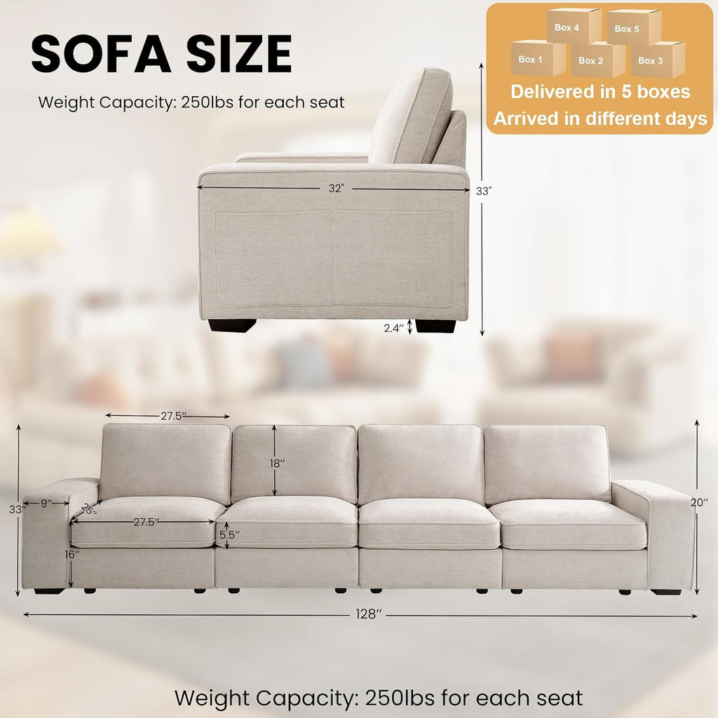 TEKAMON 128' Modular Sofa Couch with Large Seats Storage, Chenille Sofa,Modern Comfy 4-Seater Couch for Living Room, Office, Deep Seat, Wide Armrest, Side Pockets, USB Port, Removable Covers, Beige