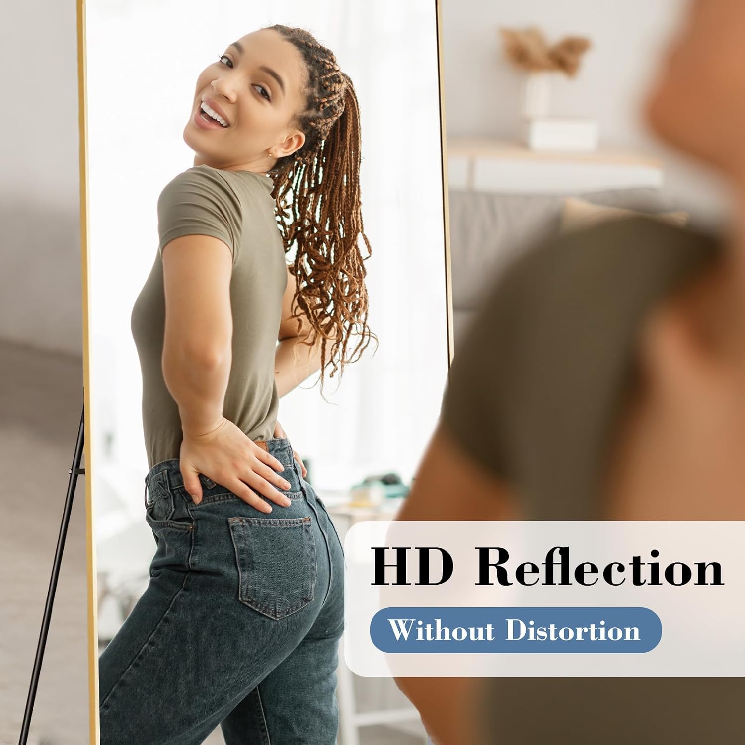 DUMOS 26'x68' Full Length Mirror with Stand, Floor Standing Aluminum Frame, Shatter-Proof Nano Glass for Bedroom, Living Room, Cloakroom – Modern Simple Home Decor,Can Be Hanging or Leaning, Gold