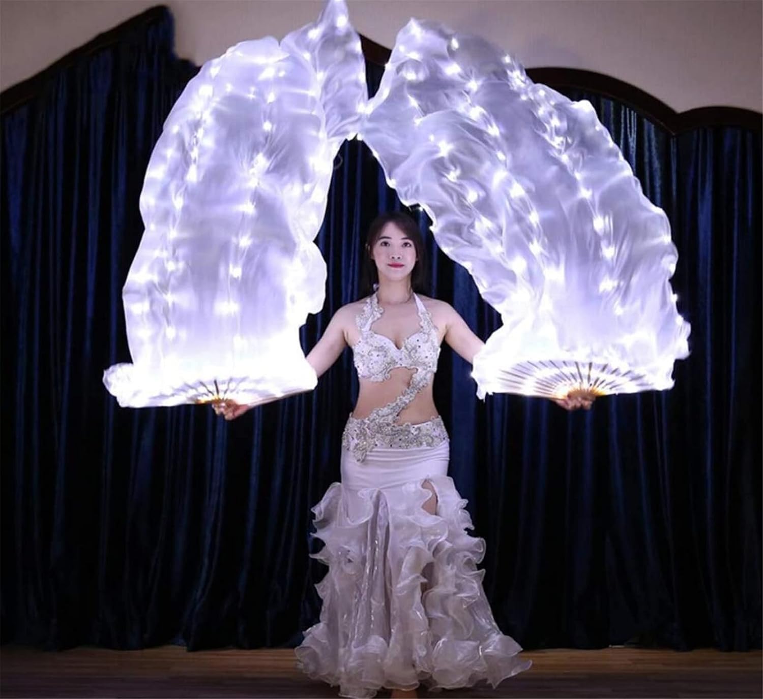 100% Silk LED Belly Dance Fan, Belly Dance Accessories, Belly Dance Fans for Outdoor Dance, Stage, Presentations, A