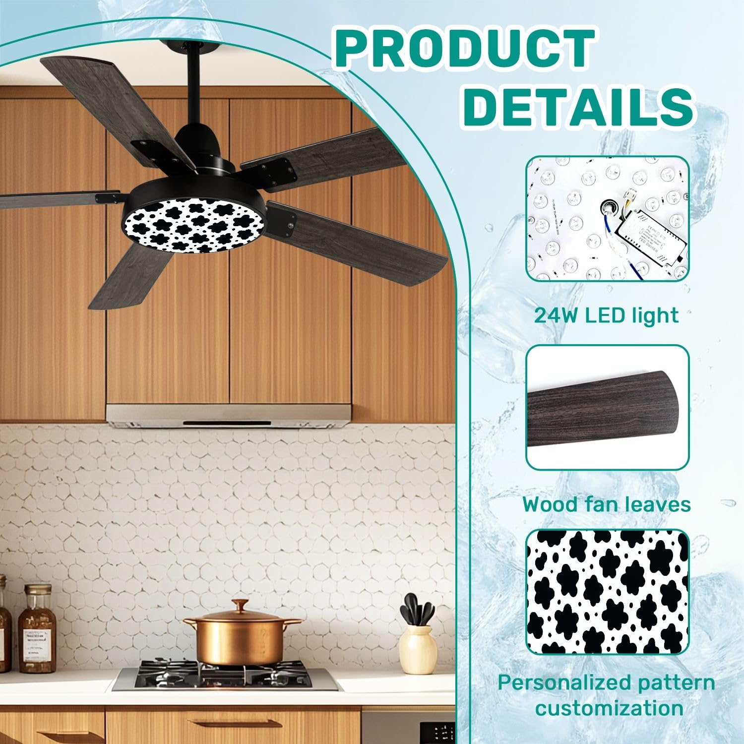 Modern Ceiling Fans with Lights Remote, Black White Cow Print seamless from Country Sunflower Collection 42 Inch Ceiling Fan for Bedroom Living Room Farmhouse, 6 Speed Reversible Quiet Motor