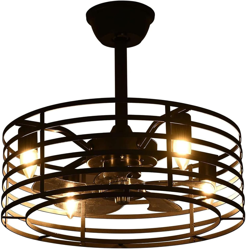 Industrial Ceiling Fan with Lights 20inch Enclosed Ceiling Fan Indoor w/Remote, Black Caged Retro Ceiling Fan Metal Bladeless Chandelier Fan Lighting for Living Dining Room Bedroom Kitchen