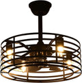 Industrial Ceiling Fan with Lights 20inch Enclosed Ceiling Fan Indoor w/Remote, Black Caged Retro Ceiling Fan Metal Bladeless Chandelier Fan Lighting for Living Dining Room Bedroom Kitchen