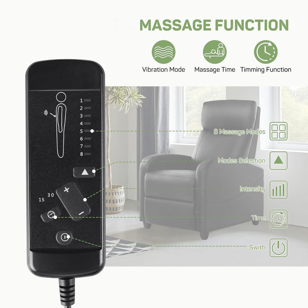 Recliner Chair with Massage and Lumbar Support, Small PU Leather Home Theater Seating, Adjustable Modern Reclining Chair for Adults in Living Room
