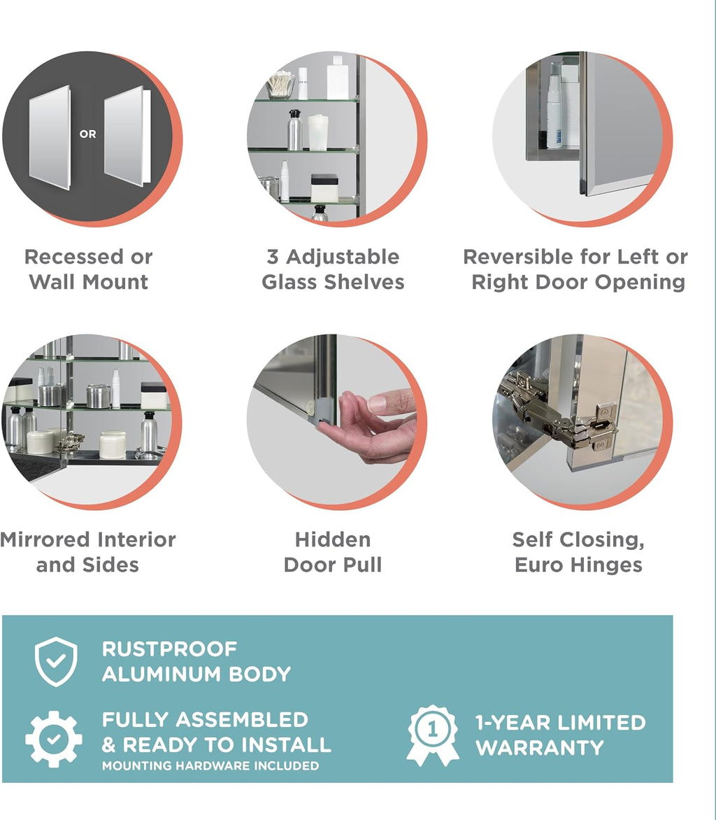 Zenna Home Bathroom Medicine Cabinet with Mirror, Frameless Bathroom Wall Cabinet with Rustproof Aluminum Body, 3 Adjustable Glass Shelves, Recessed or Surface Wall Mount Installation, 15 x 26 Inches