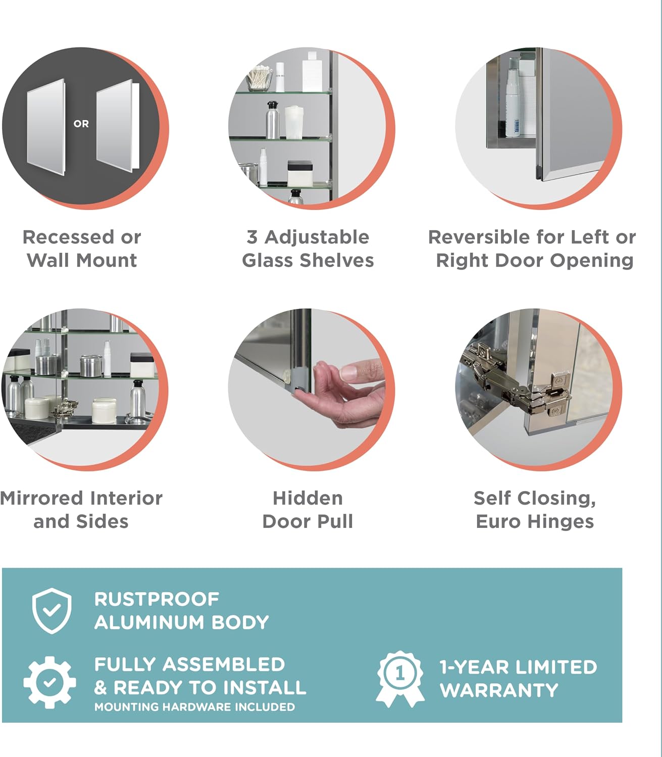 Zenna Home Bathroom Medicine Cabinet with Mirror, Frameless Bathroom Wall Cabinet with Rustproof Aluminum Body, 3 Adjustable Glass Shelves, Recessed or Surface Wall Mount Installation, 15 x 26 Inches