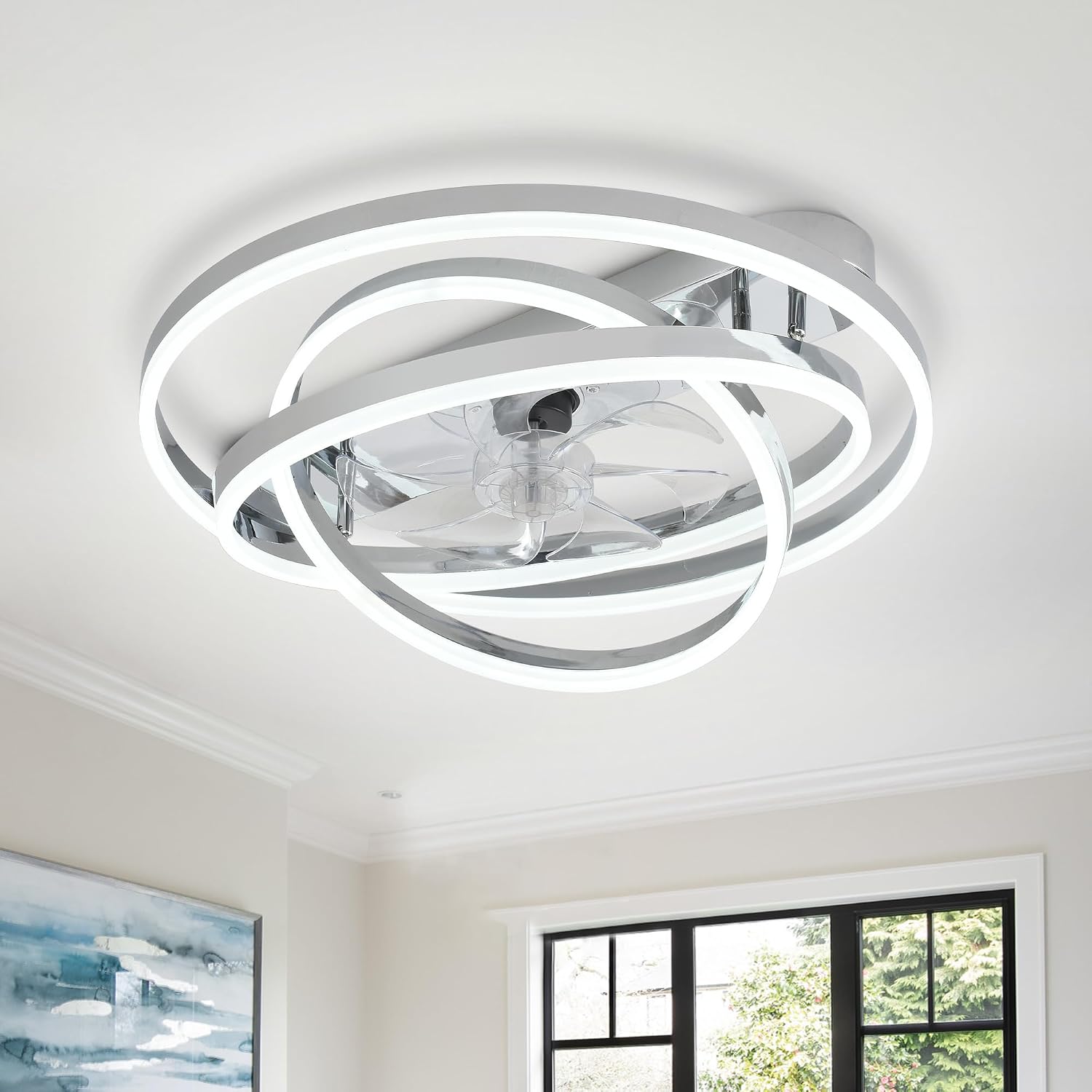 24' Modern Ceiling Fans with Lights and Remote Control,Reversible DC Motor,Dimmable,DIY Rings LED,Flush Mount Low Profile Ceiling Fan with Light for Living Room/Dining Room/Bedroom