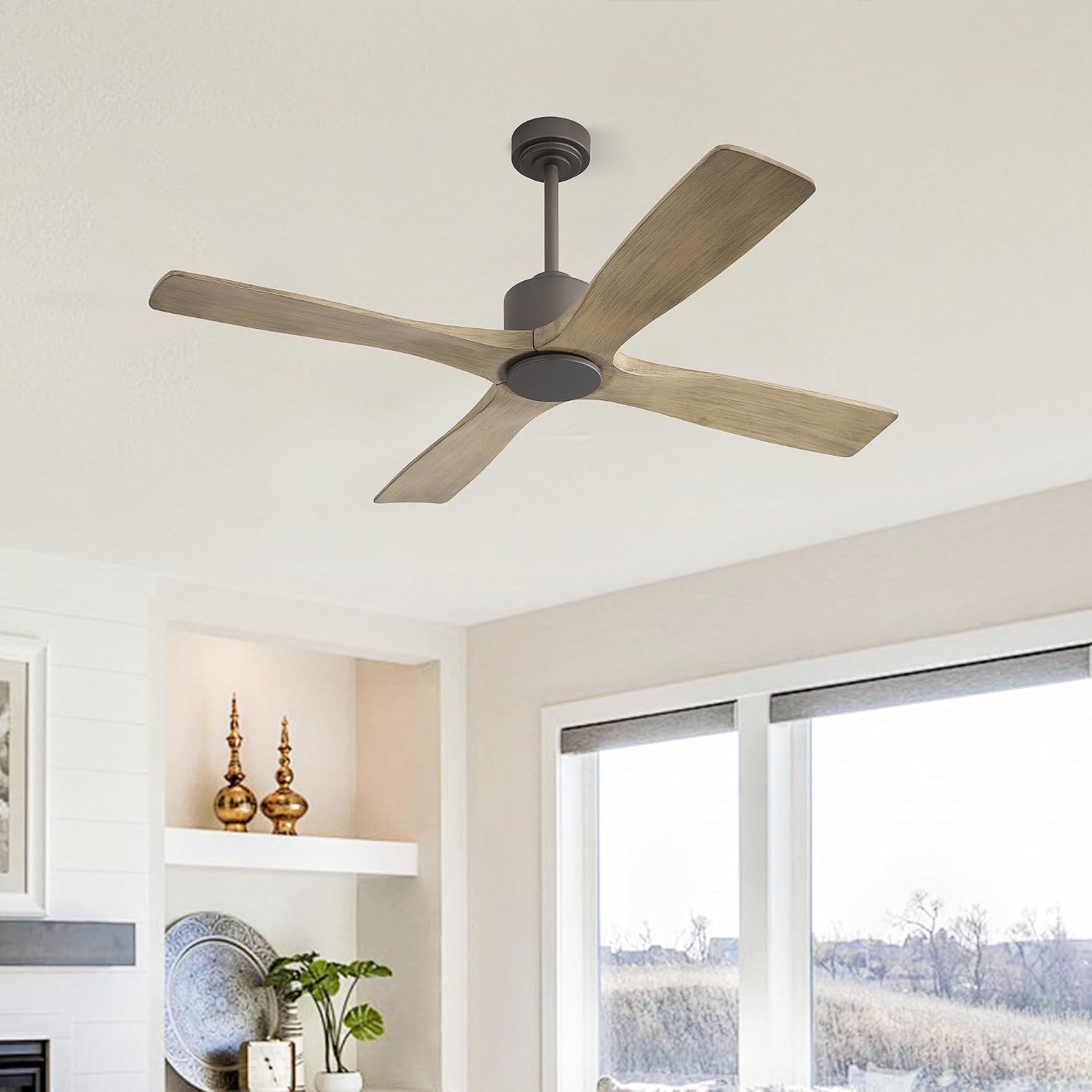 WINGBO 48 Inch DC Ceiling Fan without Lights, 4 Carved Solid Wood Blades, 6-Speed Noiseless Reversible DC Motor, Modern Ceiling Fan No Light with Remote, Graphite Finish with Gray Blades, ETL Listed