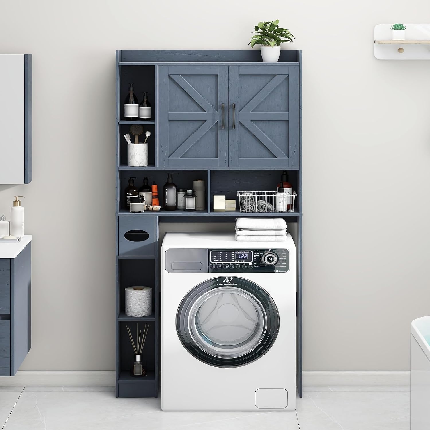 Vabches Over The Toilet Storage Cabinet, Farmhouse Storage Cabinet Over Toilet with 2 Barn Door & Toilet Paper Holder Stand，Home Space-Saving Toilet Rack, for Bathroom, Restroom, Laundry,Blue