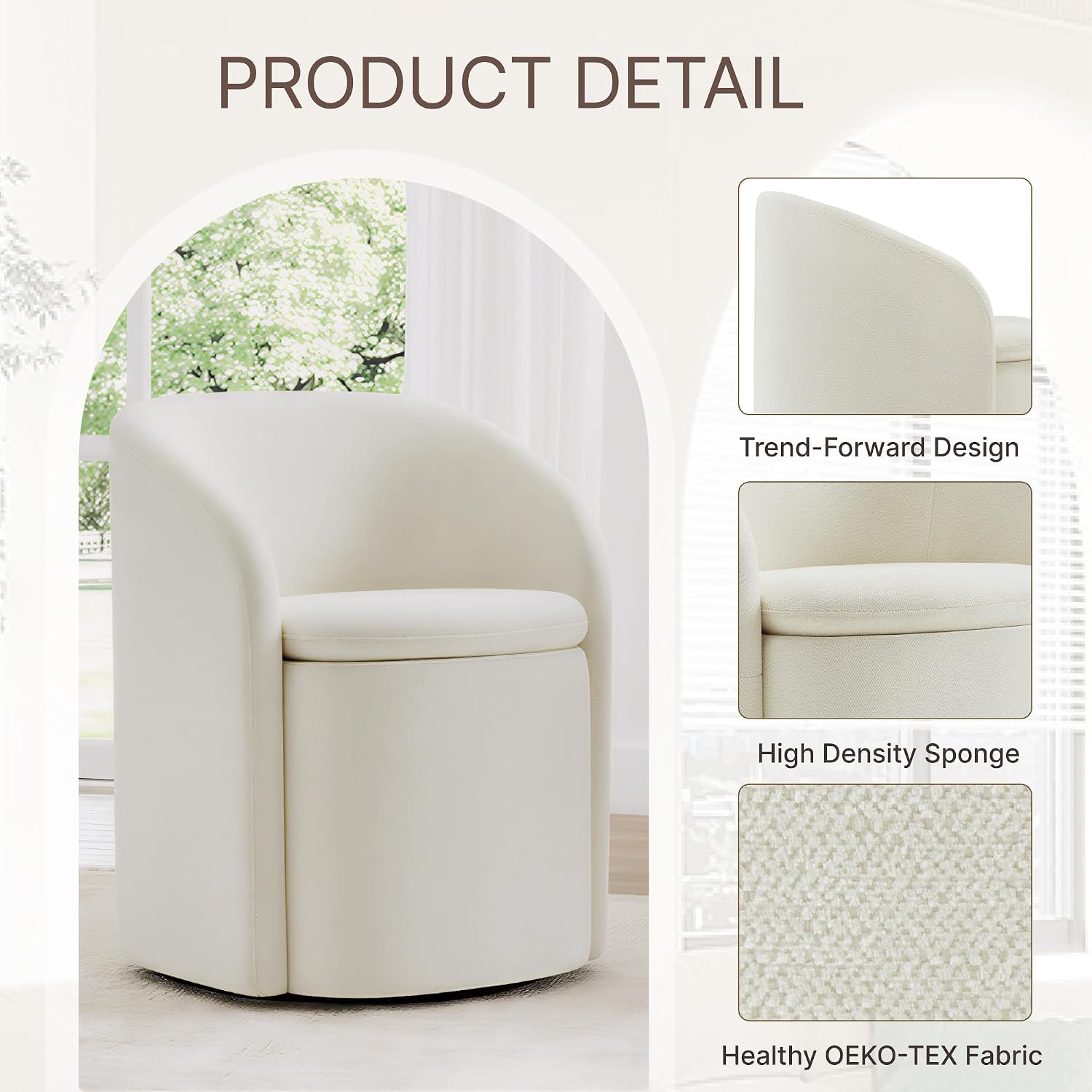 KISLOT Upholstered Dining Chairs with Casters, No Assembly Rolling Modern Dining Room Chairs with Hidden Storage & Barrel Backrest, Accent Chair for Bedroom, Living Room, Dressing, Linen, Set of 4