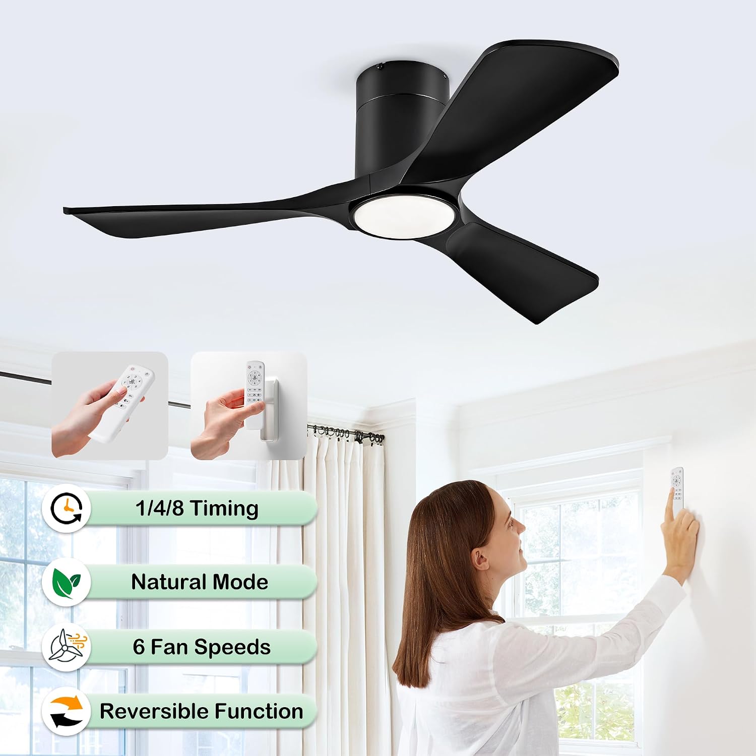 Ceiling Fan with Lights 42 Inch Flush Mount Ceiling Fan with Remote Control, ABS Blades Outdoor Ceiling Fans for Bedroom,Farmhouse,Patio,Indoor, Quiet DC Motor ZA136