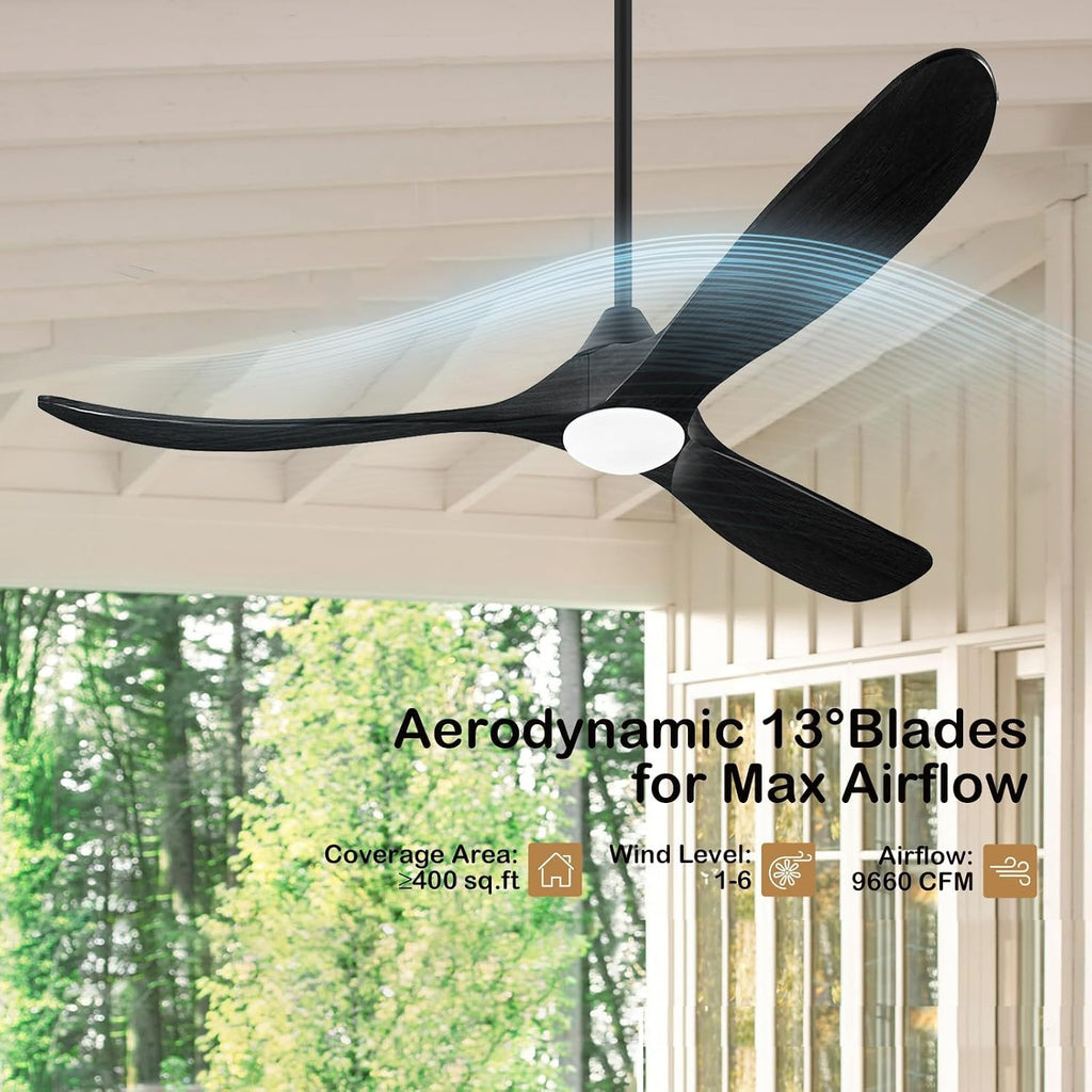 52 Inch Black Outdoor Ceiling Fans for Patios with Light, Modern Solid Wood Propeller Ceiling Fan with Remote, Energy Efficient Reversible Quiet Dc Motor for Bedroom Living Room Exterior