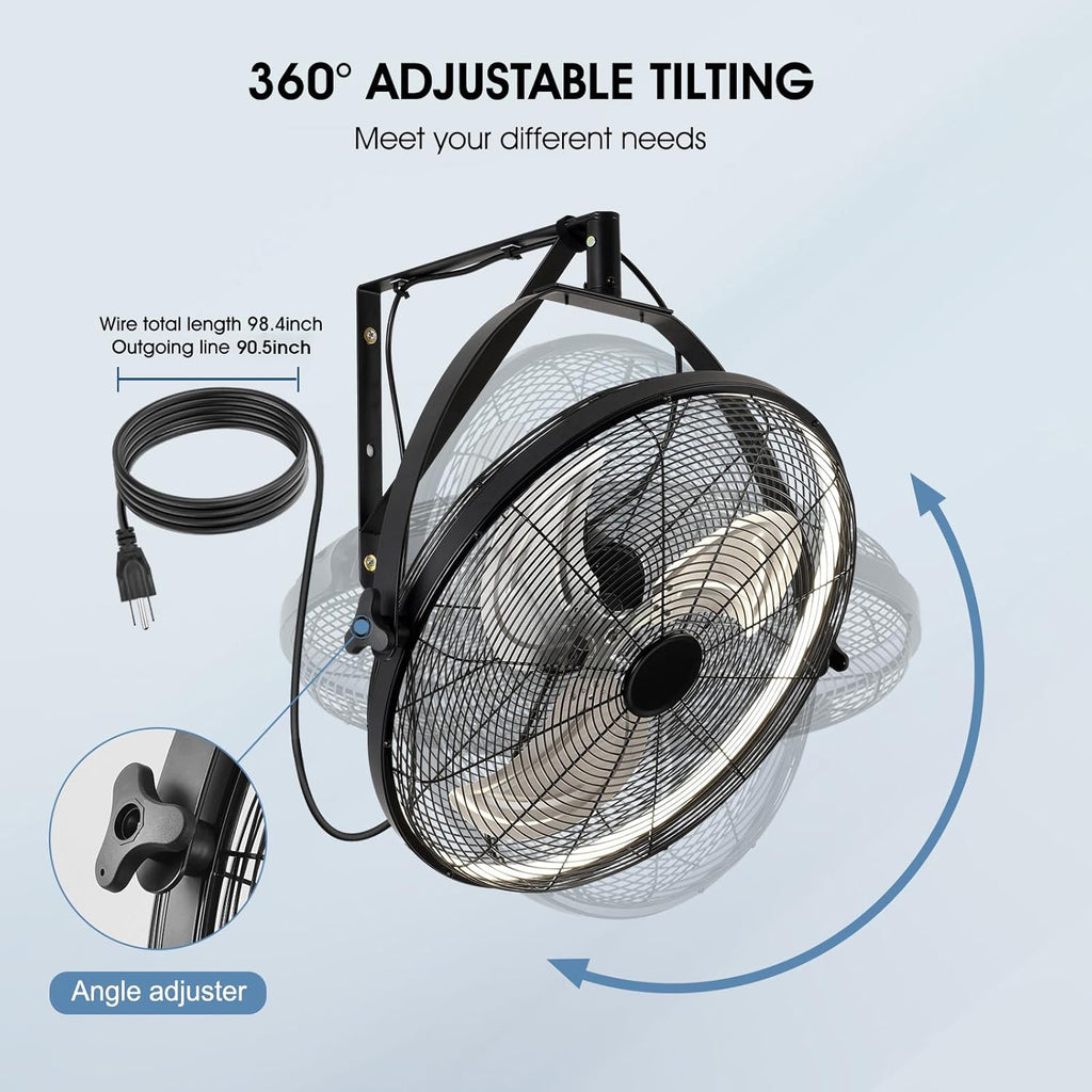 AHAWILL 16 Inch Wall Mount Fan with Lights,6-Speed High Velocity Wall Fan Dimmable Gazebo Fan,360°Adjustable Tilt Industrial Outdoor Fans for Patio,Garage,Workshop,Commercial,Black
