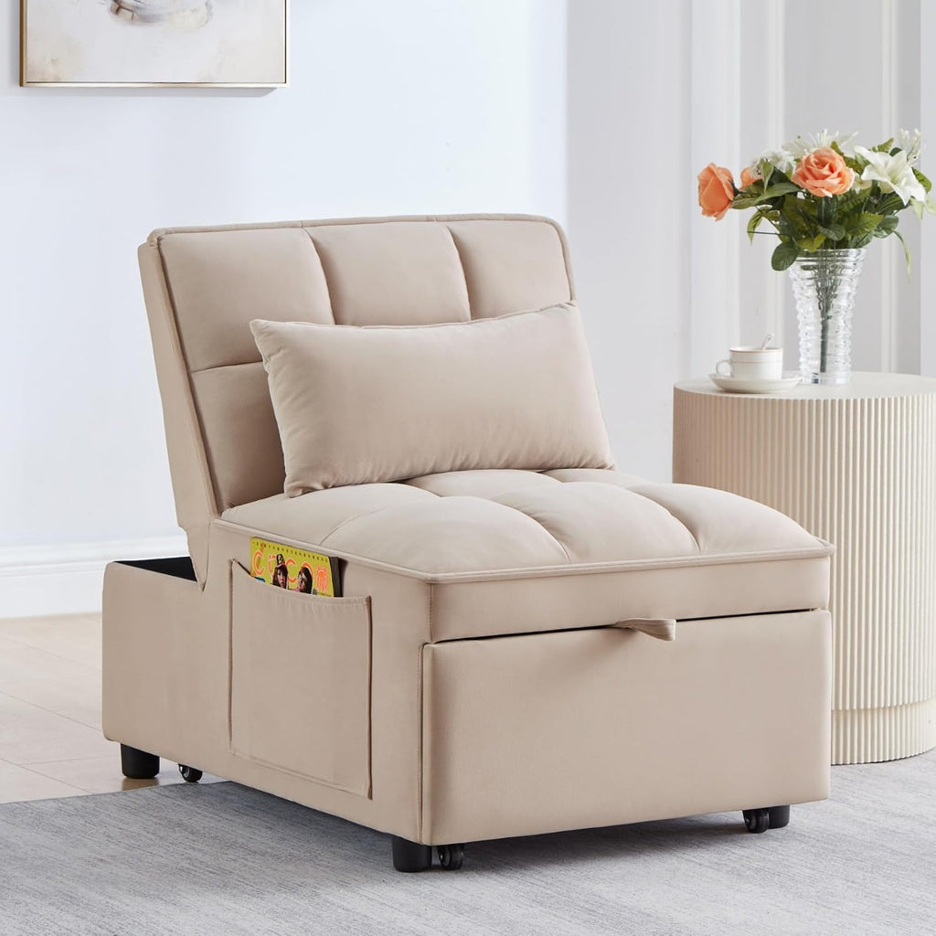 KEIKI Velvet Single Convertible Sleeper Chair Sofa Bed with Adjustable Backrest, Pillows & Storage Pockets, 3 in 1 Pull-Out Couch Chaise Lounge Recliner for Living Room Balcony Bedroom, Taupe