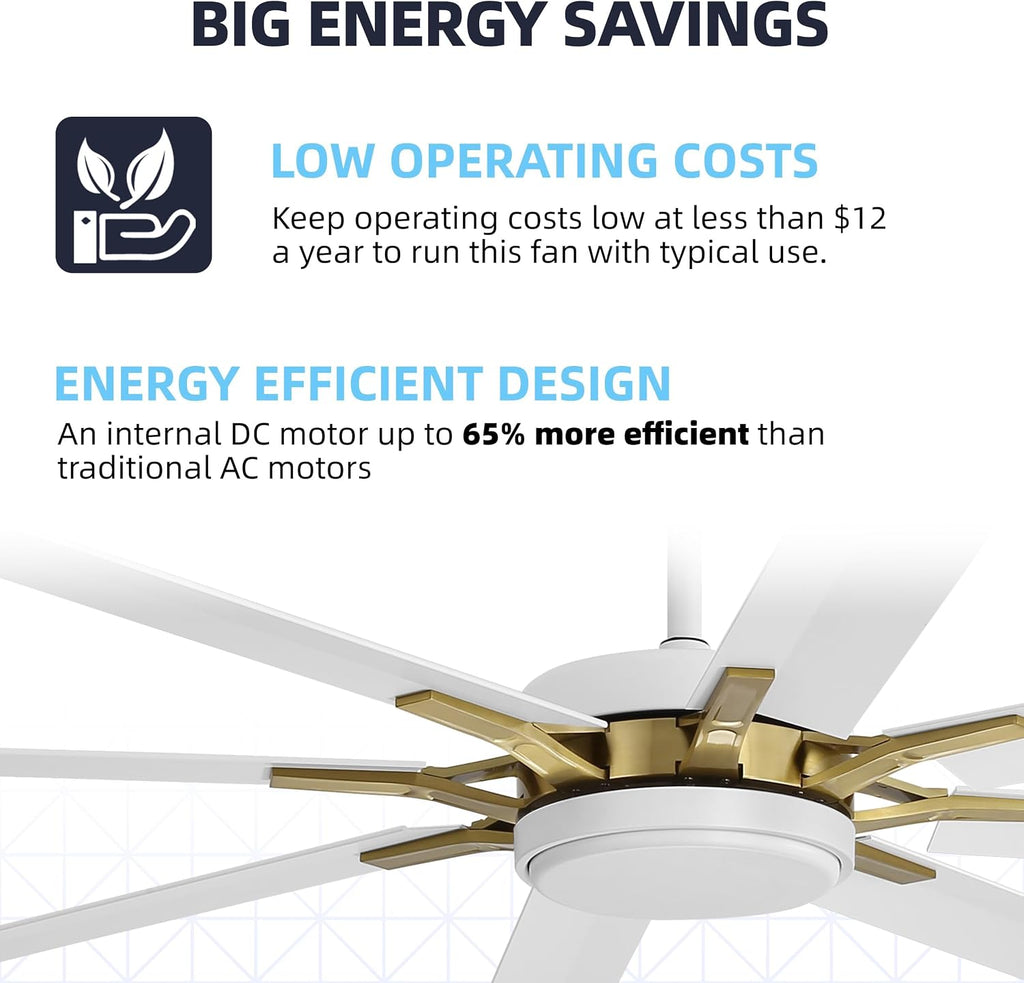 WINGBO 72' Large Industrial Ceiling Fans No Lights, 8 Aluminum Blades, 6-Speed Powerful Brushless DC Motor Reversible, High Volume 9760 CFM at 129 RPM, Commercial and Residential, Brass and White