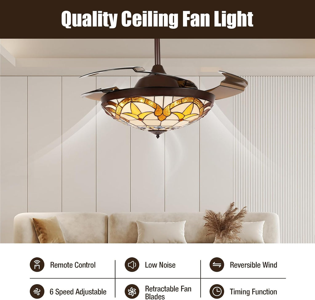 42' Tiffany Style Retractable Ceiling Fan Light Invisible Ceiling Fan Retro Stained Glass LED Dimmable Chandelier with Remote 3-Color Changes and 6-Speed for Home, Bar, Restaurant, Hotel, Cafe