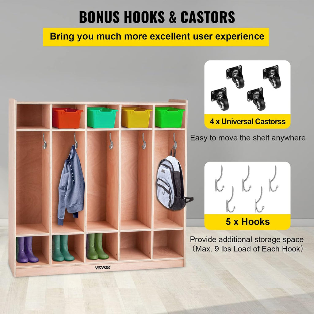 Happybuy 5-Section School Storage Locker, Wooden Storage Cabinet with 4 Casters, Classroom Cubbies for Storage, 15mm Thick Plywood Locker for Home, Office, School,Gym, Kindergarten