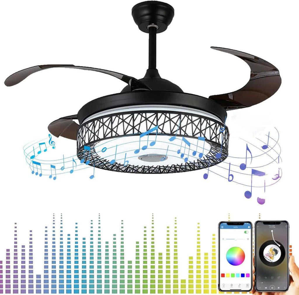 42' Retractable Ceiling Fans with Lights and Remote Control, Invisible Modern Chandelier Fan Lighting with Bluetooth Speaker Play Music 7 Colorful Dimmable Fixture for Bedroom/Living Room