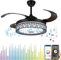 42' Retractable Ceiling Fans with Lights and Remote Control, Invisible Modern Chandelier Fan Lighting with Bluetooth Speaker Play Music 7 Colorful Dimmable Fixture for Bedroom/Living Room